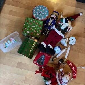 Christmas Decoration Lot- Ornaments, Santa, Containers, Snowflake Candle & more